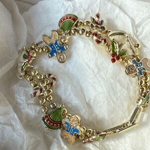 Holiday Charm Bracelet – Gold Tone – Gingerbread, Candy Canes, Holly – 8”